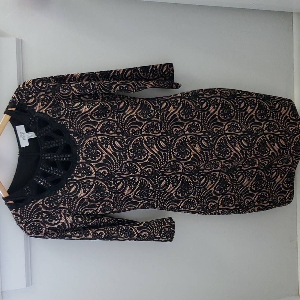 Belle Badgley Misckha Form Fitting Dress Size 8 Black and Nude